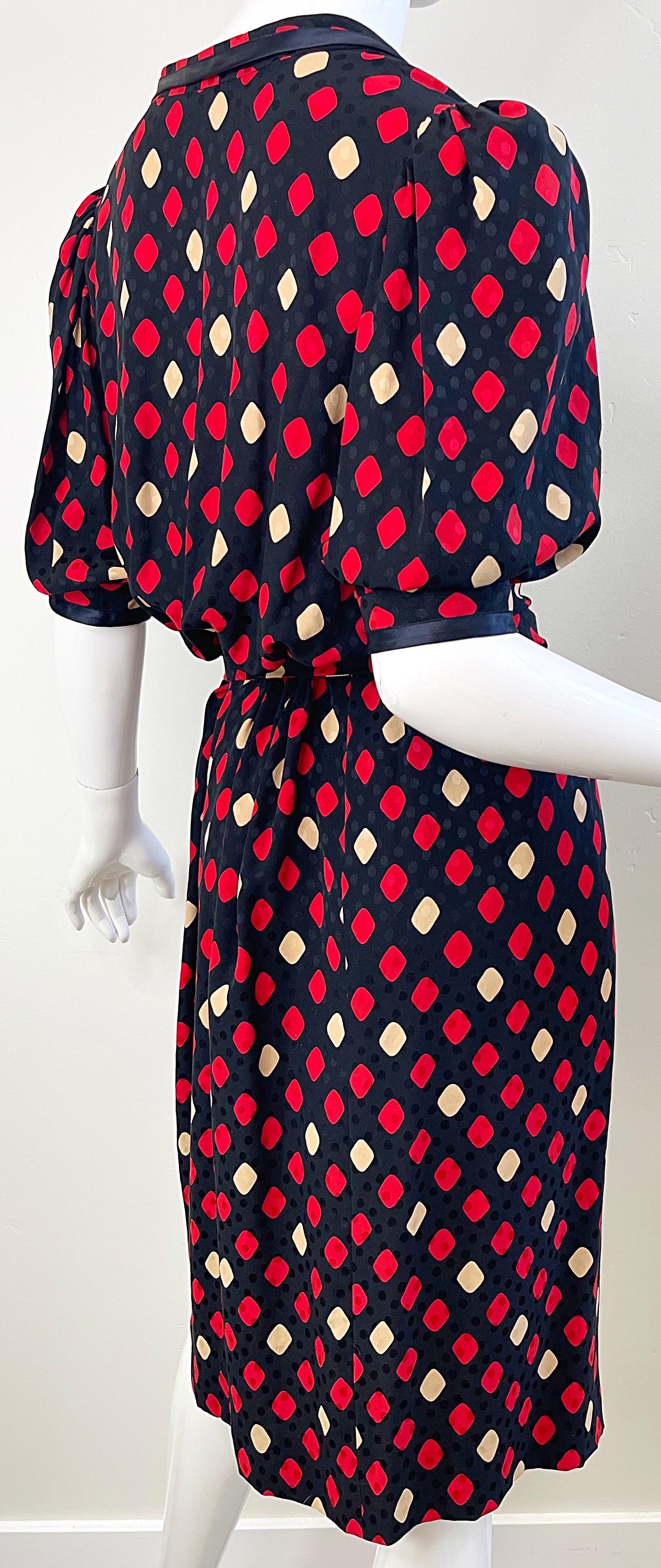Yves Saint Laurent 1970s YSL Rive Gauche Black Red Diamond Print Silk 70s Dress  For Sale 8