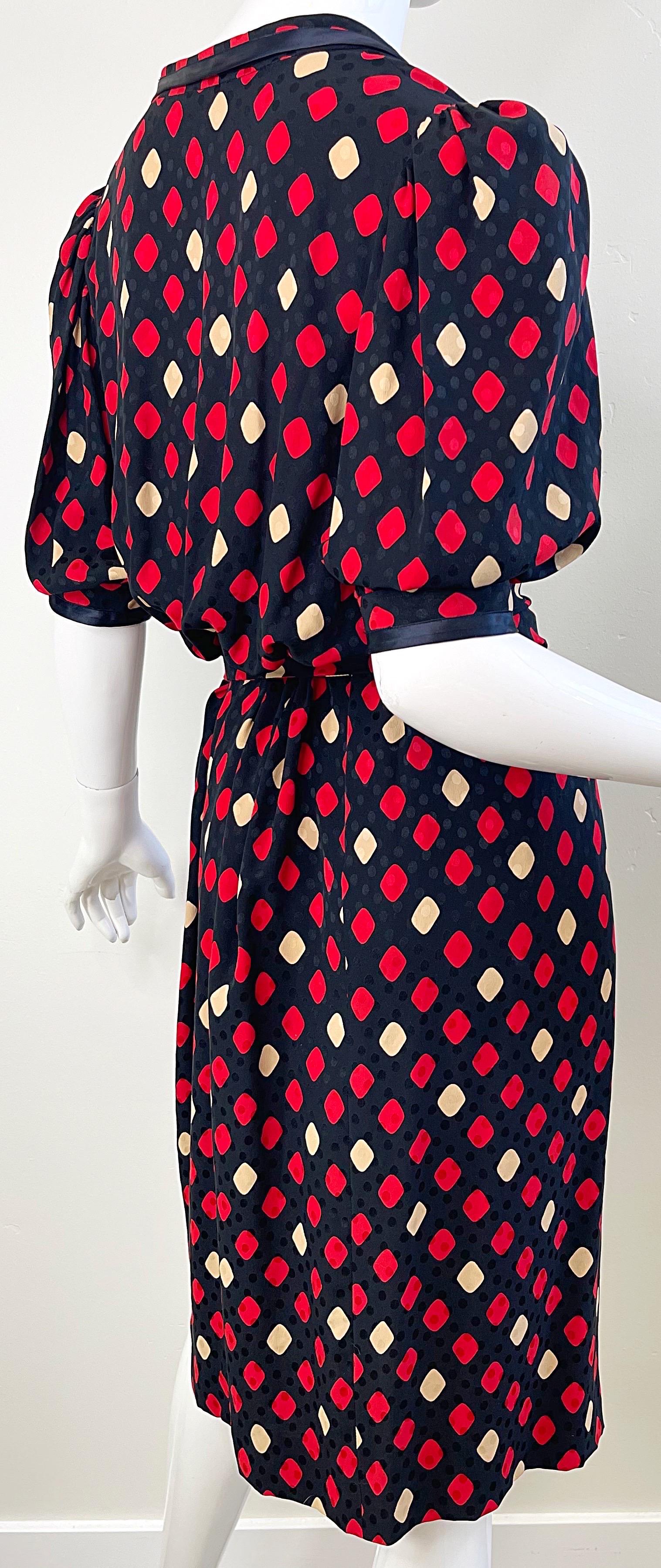 Yves Saint Laurent 1970s YSL Rive Gauche Black Red Diamond Print Silk 70s Dress For Sale 8