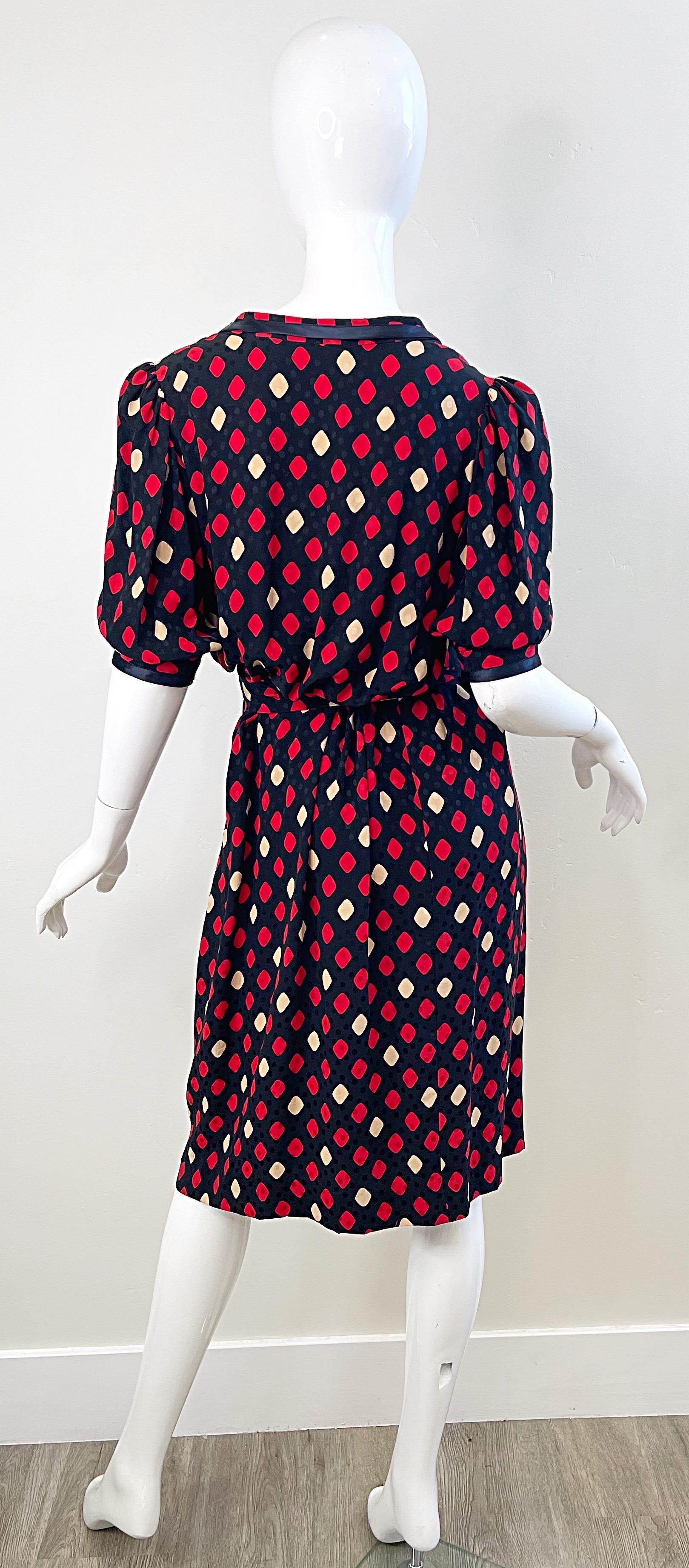 Yves Saint Laurent 1970s YSL Rive Gauche Black Red Diamond Print Silk 70s Dress For Sale 13