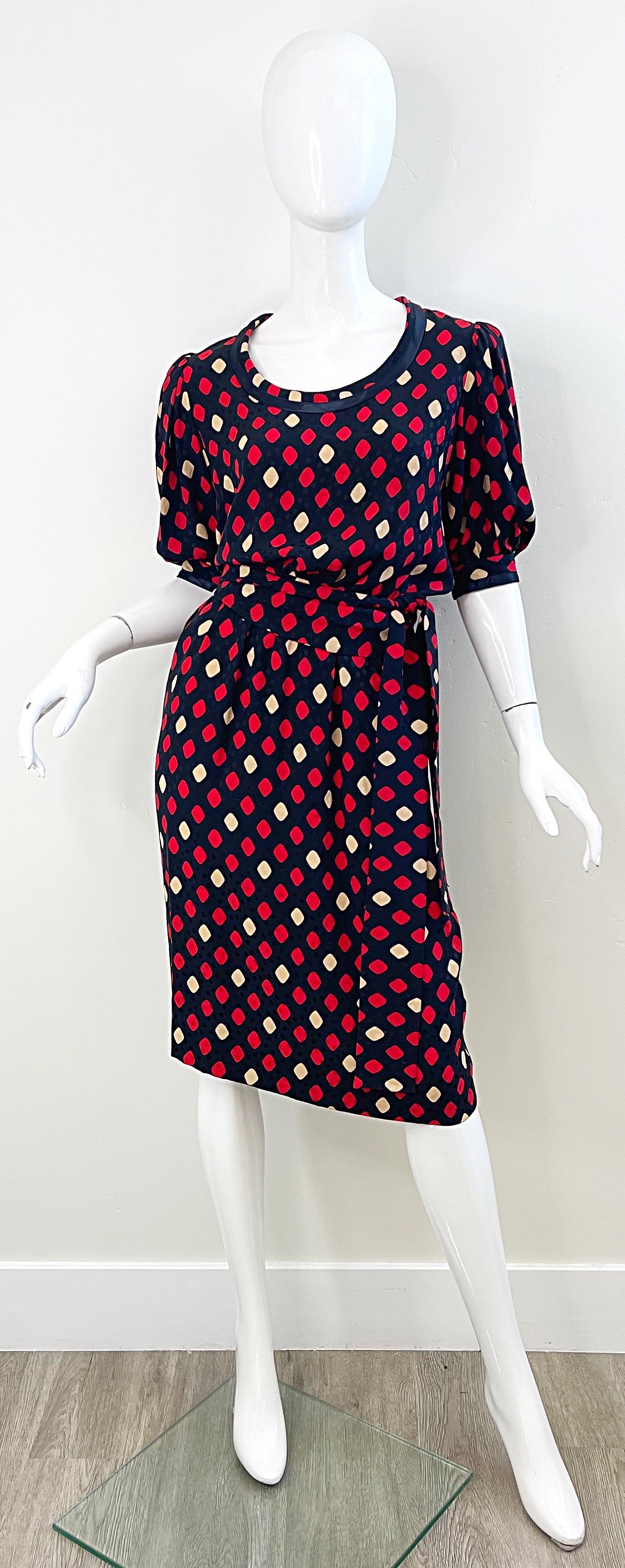 Yves Saint Laurent 1970s YSL Rive Gauche Black Red Diamond Print Silk 70s Dress For Sale 14