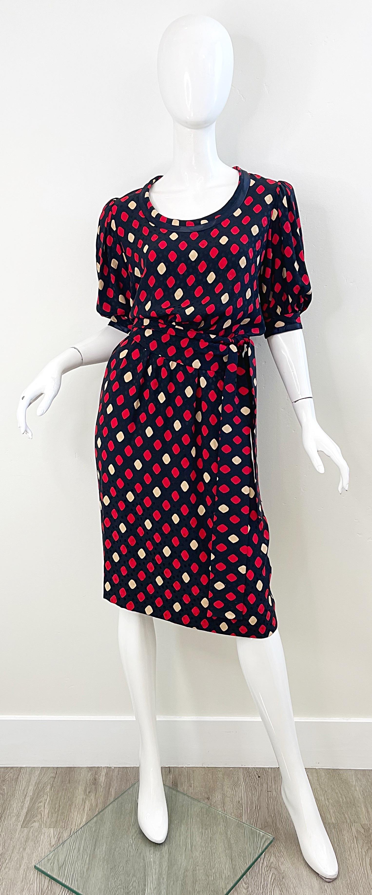 Yves Saint Laurent 1970s YSL Rive Gauche Black Red Diamond Print Silk 70s Dress  In Excellent Condition For Sale In San Diego, CA