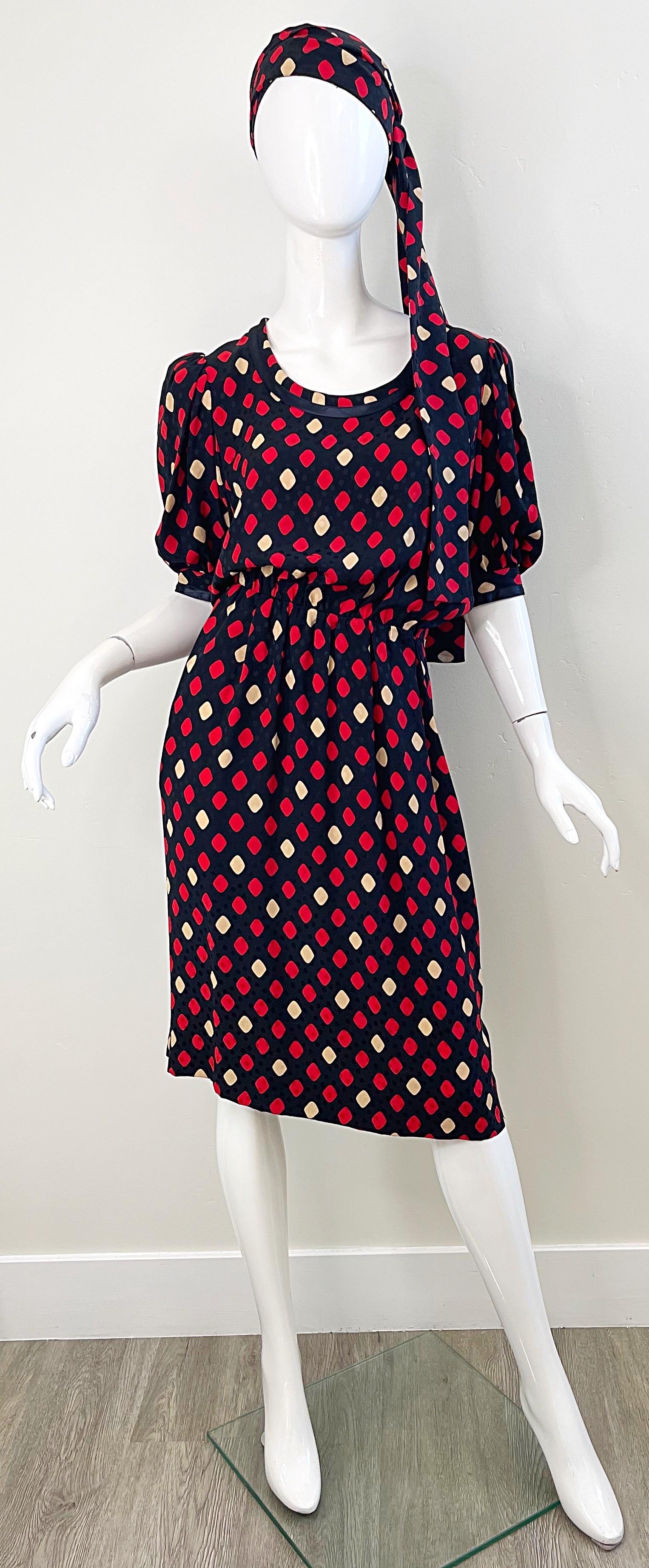 Women's Yves Saint Laurent 1970s YSL Rive Gauche Black Red Diamond Print Silk 70s Dress  For Sale