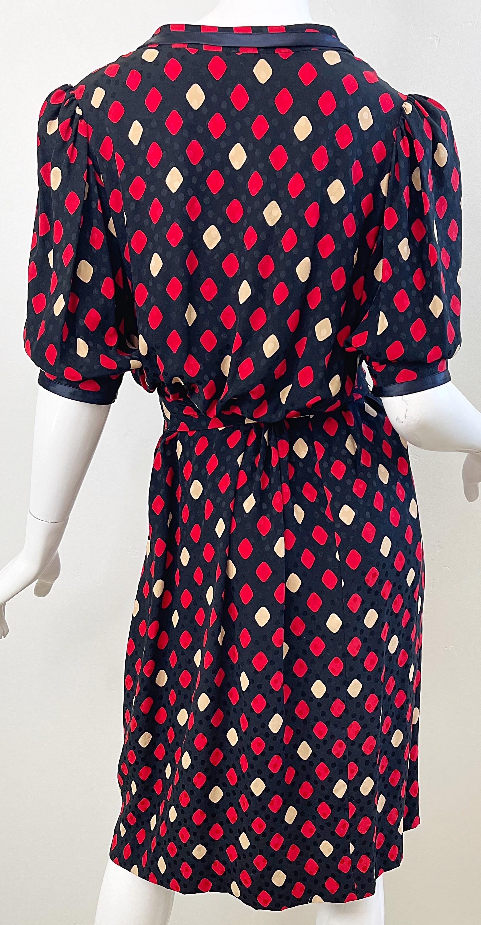 Yves Saint Laurent 1970s YSL Rive Gauche Black Red Diamond Print Silk 70s Dress For Sale 2