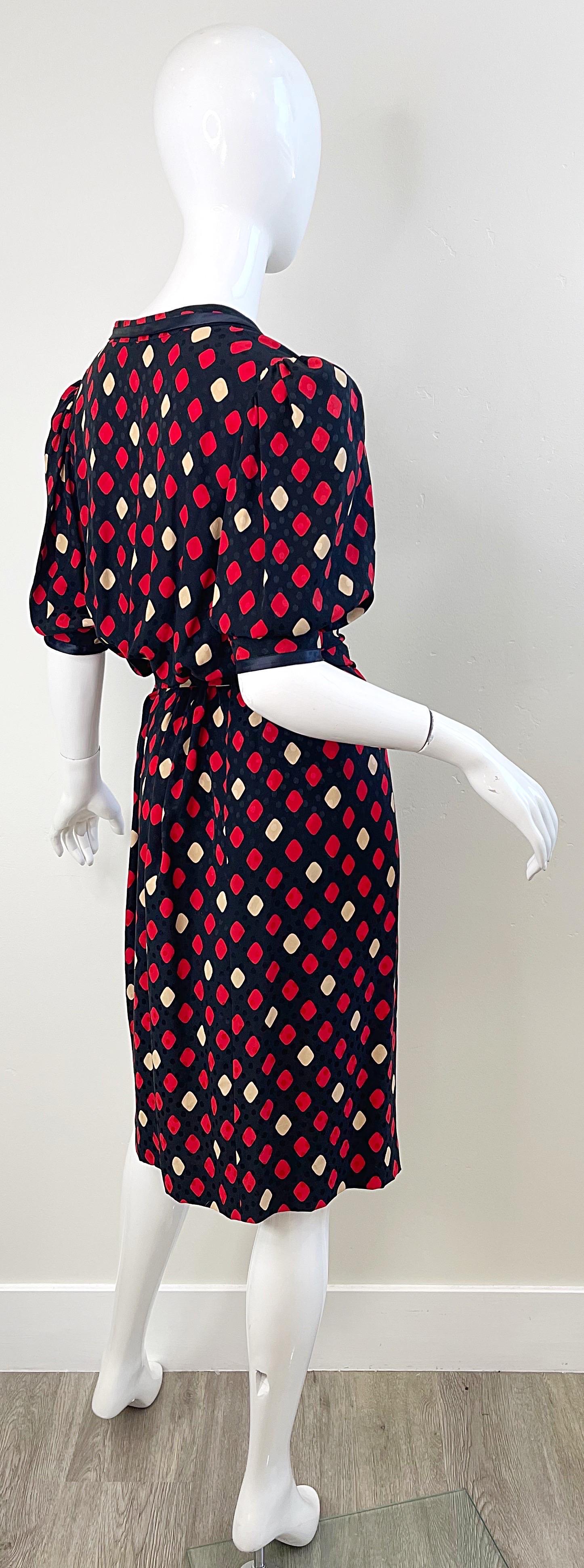 Yves Saint Laurent 1970s YSL Rive Gauche Black Red Diamond Print Silk 70s Dress  For Sale 3