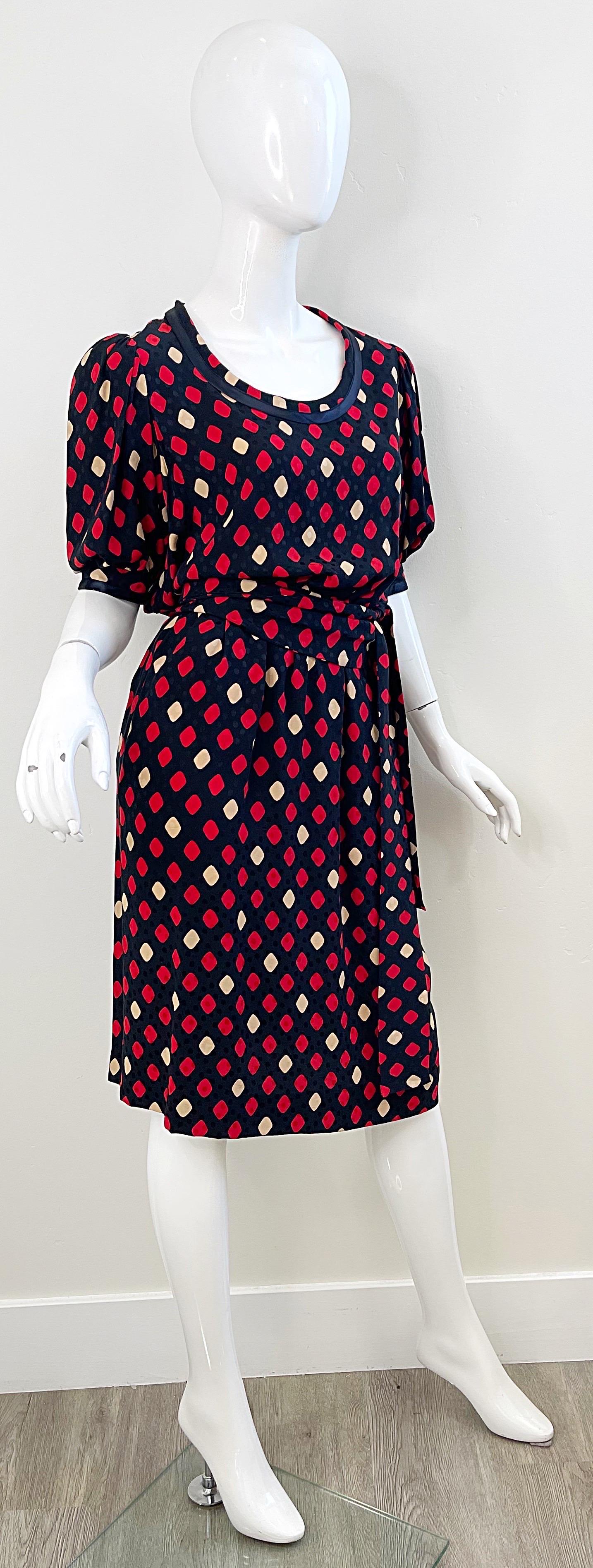 Yves Saint Laurent 1970s YSL Rive Gauche Black Red Diamond Print Silk 70s Dress For Sale 4
