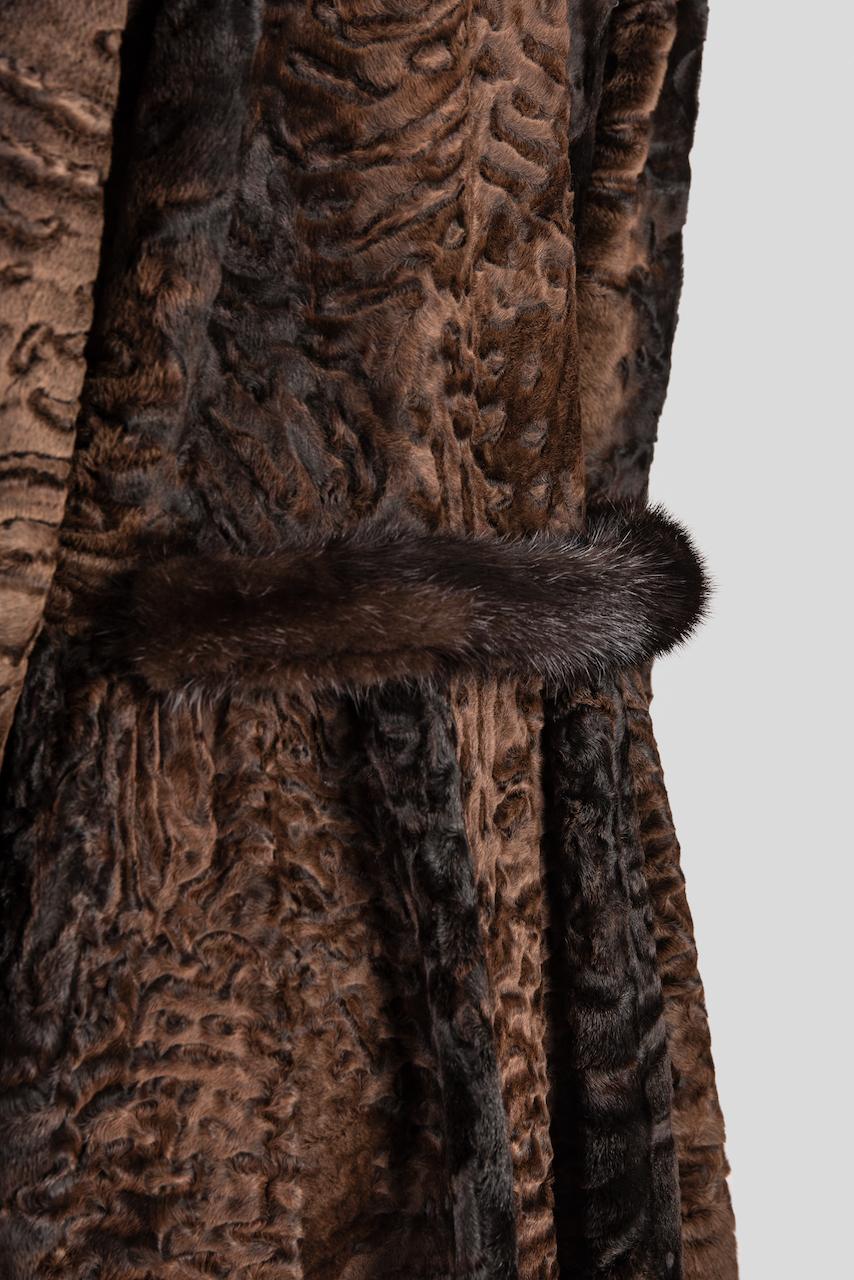 YVES SAINT LAURENT 1976 Russian Collection Brown Broadtail & Mink Fur Trim Coat For Sale 2