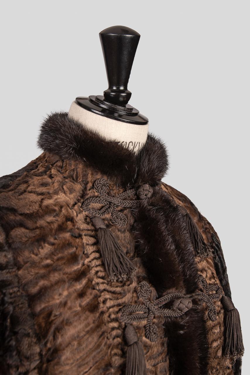 Black YVES SAINT LAURENT 1976 Russian Collection Brown Broadtail & Mink Fur Trim Coat
