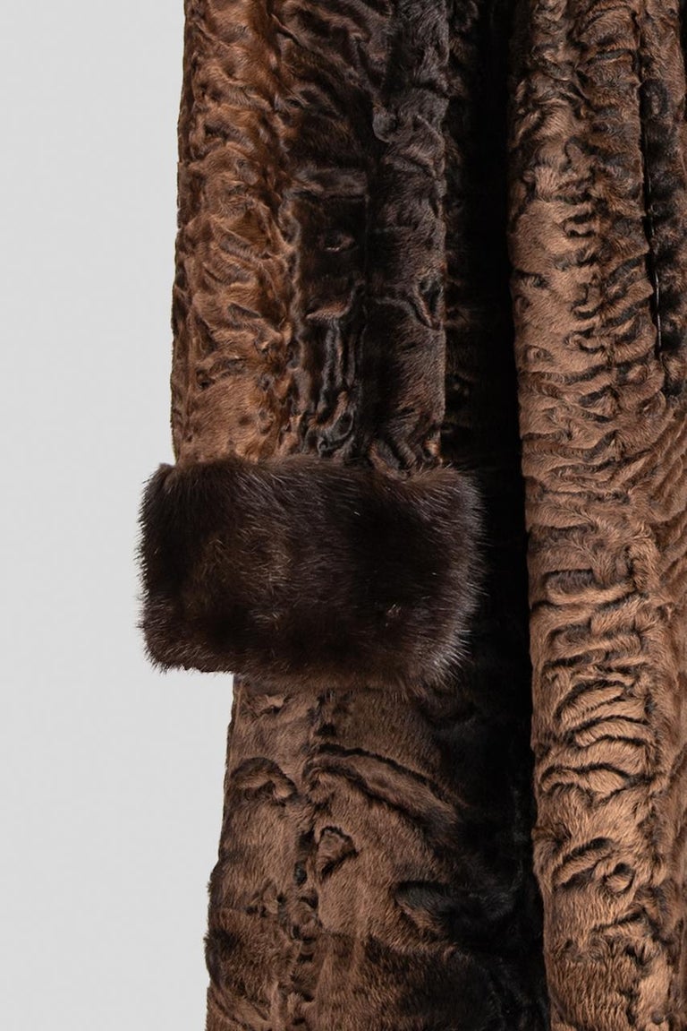 YVES SAINT LAURENT 1976 Russian Collection Brown Broadtail Fur & Mink Trim Coat For Sale 4
