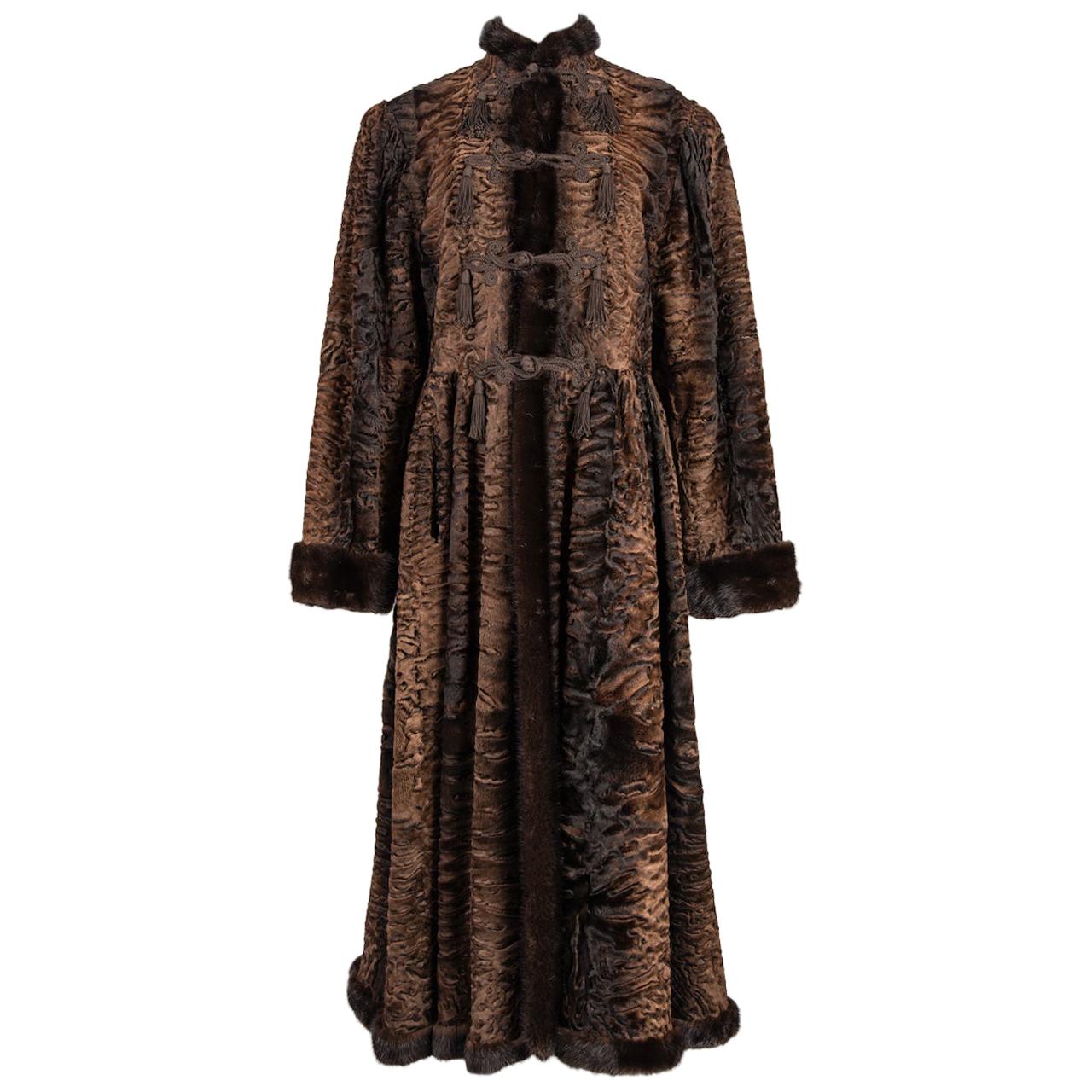 YVES SAINT LAURENT 1976 Russian Collection Brown Broadtail & Mink Fur Trim Coat For Sale