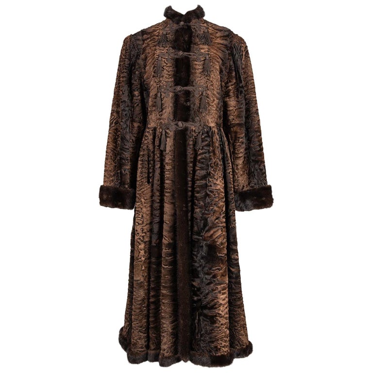 YVES SAINT LAURENT 1976 Russian Collection Brown Broadtail Fur & Mink Trim Coat For Sale
