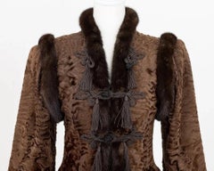 YVES SAINT LAURENT 1976 Russian Collection Brown Broadtail Mink Fur Trim Coat S
