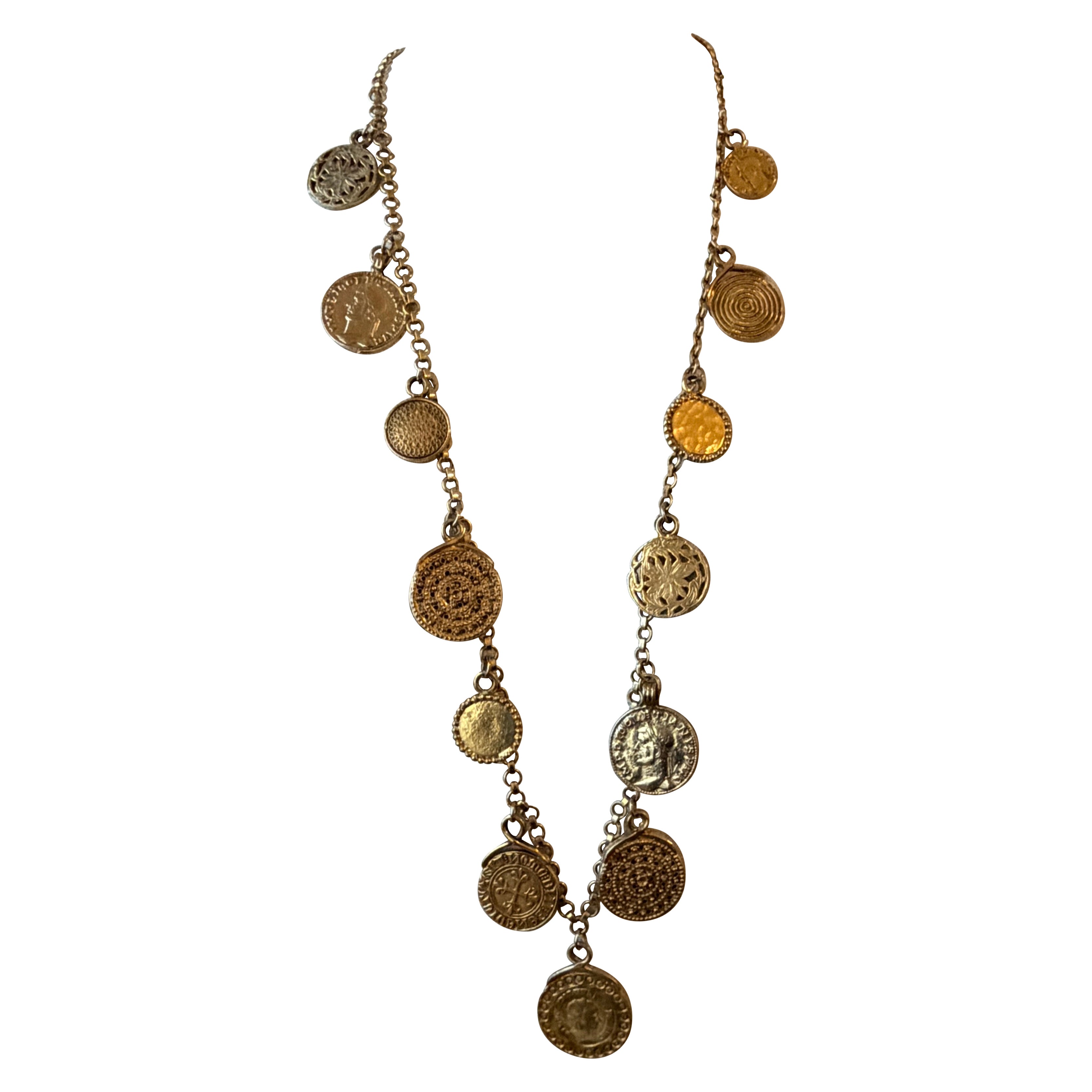 Yves Saint Laurent 1977 Gypsy Coin Medallion Gold Tone Necklace Single Strand