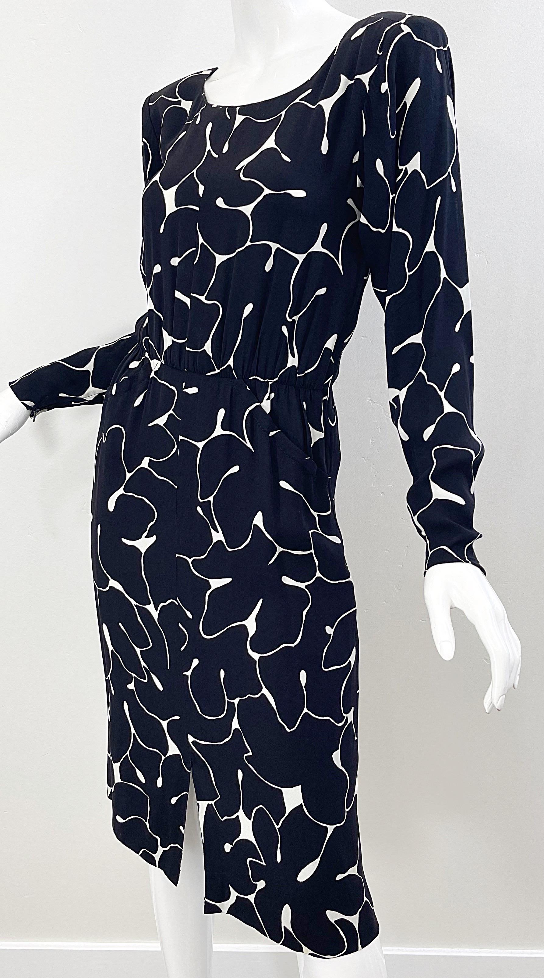 Yves Saint Laurent 1980s Black and White Abstract Flower Print Silk Crepe Dress For Sale 8