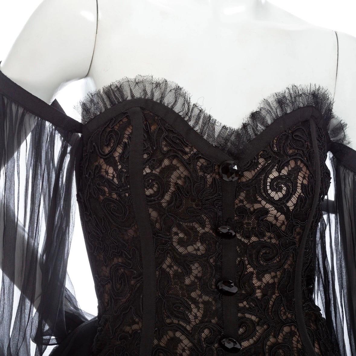 Yves Saint Laurent 1980s Black Off-the-Shoulder Lace Bustier Dress For Sale 1