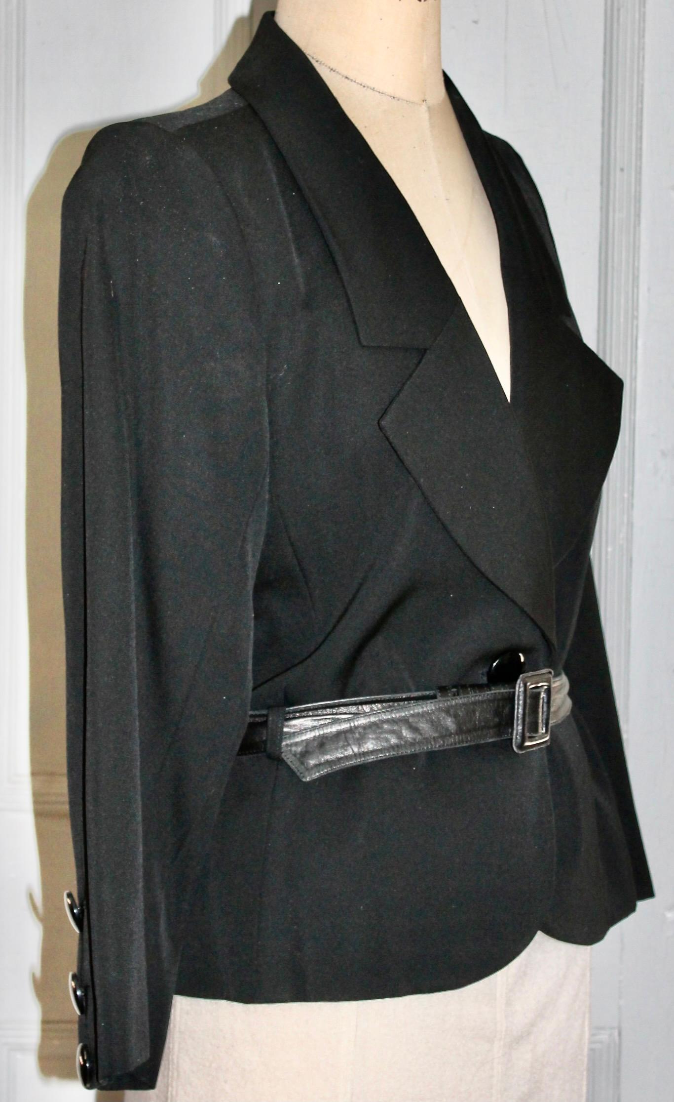 Yves Saint Laurent 1980's Black 'Tuxedo' Jacket with Leather Belt In Good Condition For Sale In Sharon, CT