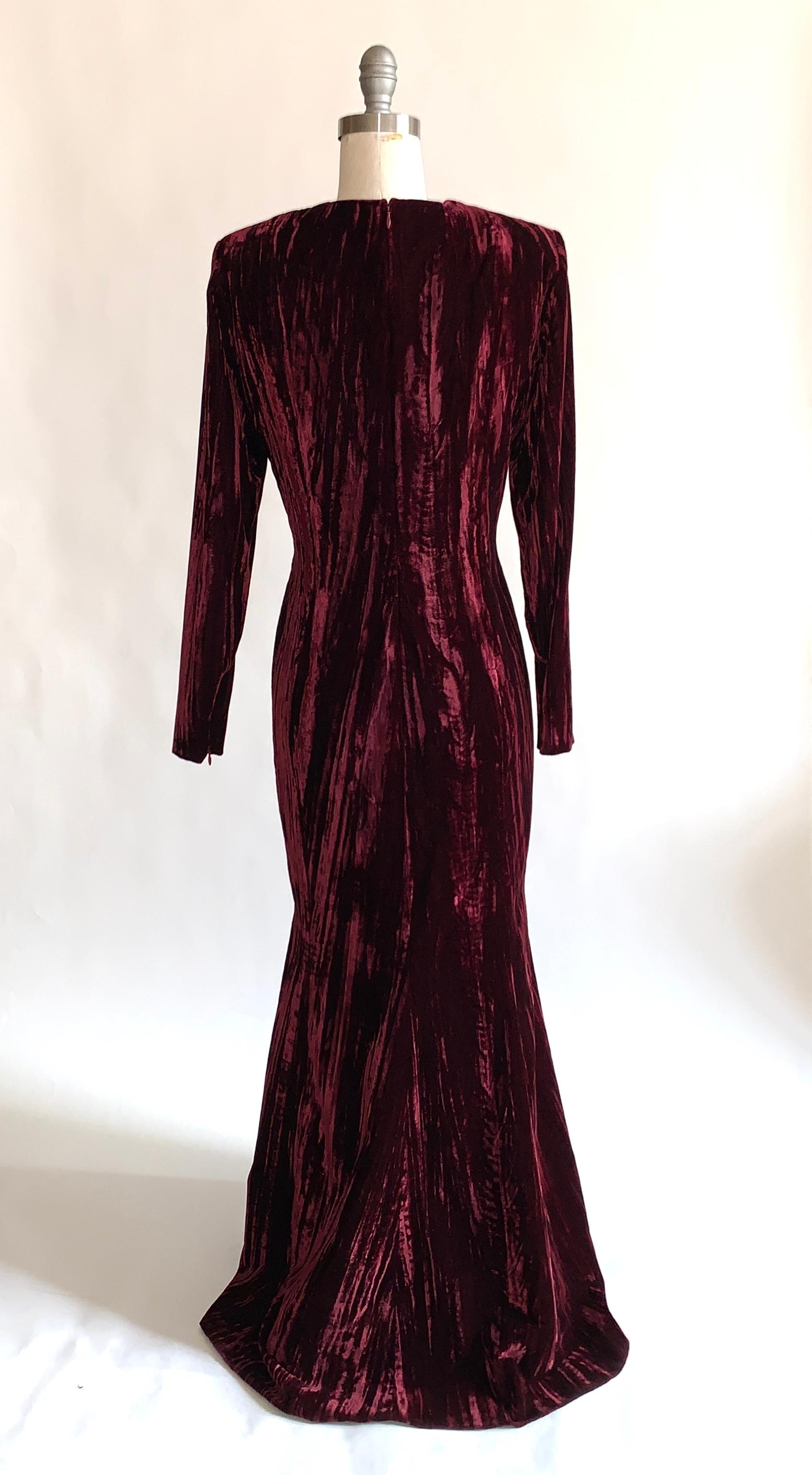 Women's Yves Saint Laurent 1980s Burgundy Red Textured Velvet Gown Maxi Dress 