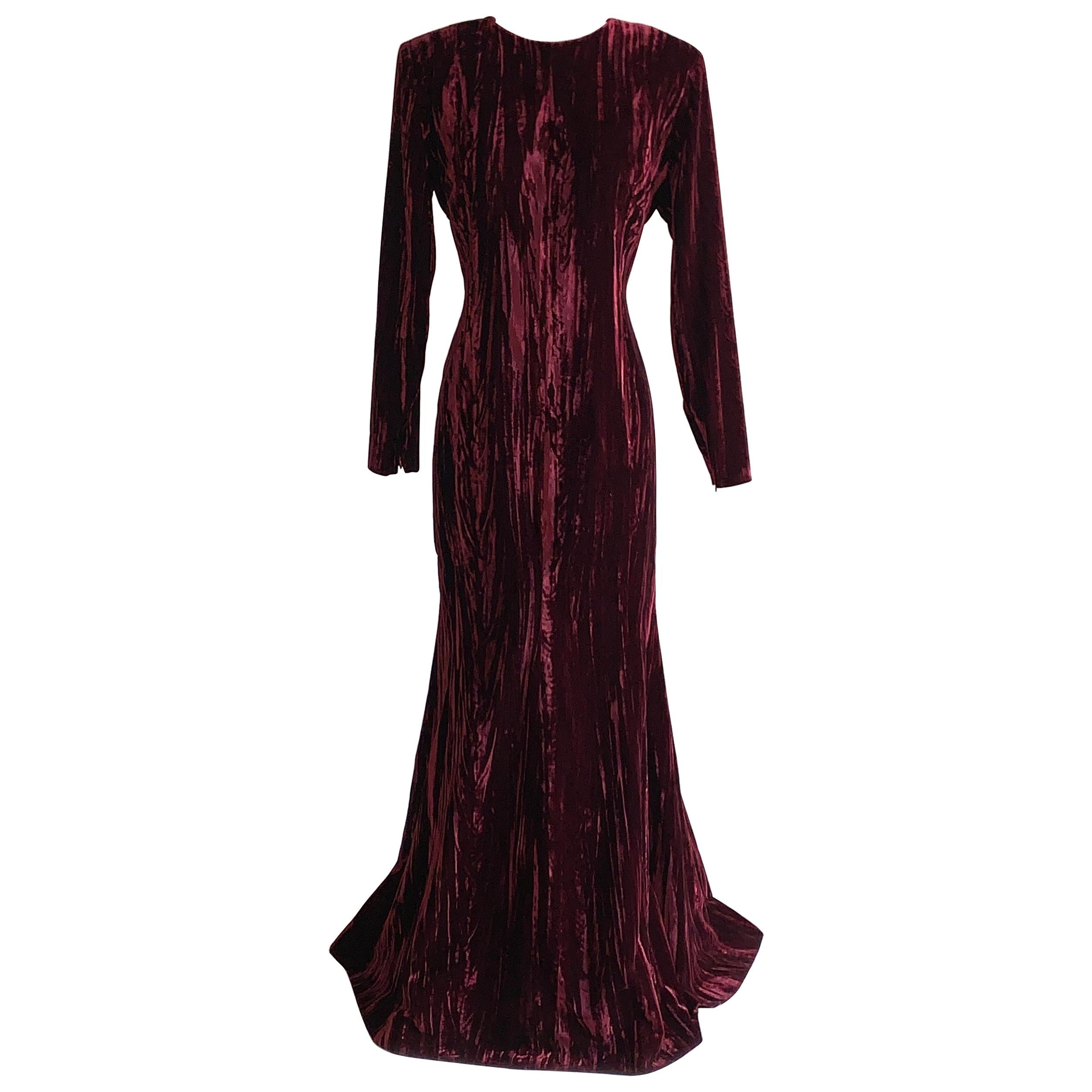 Yves Saint Laurent 1980s Burgundy Red Textured Velvet Gown Maxi Dress 