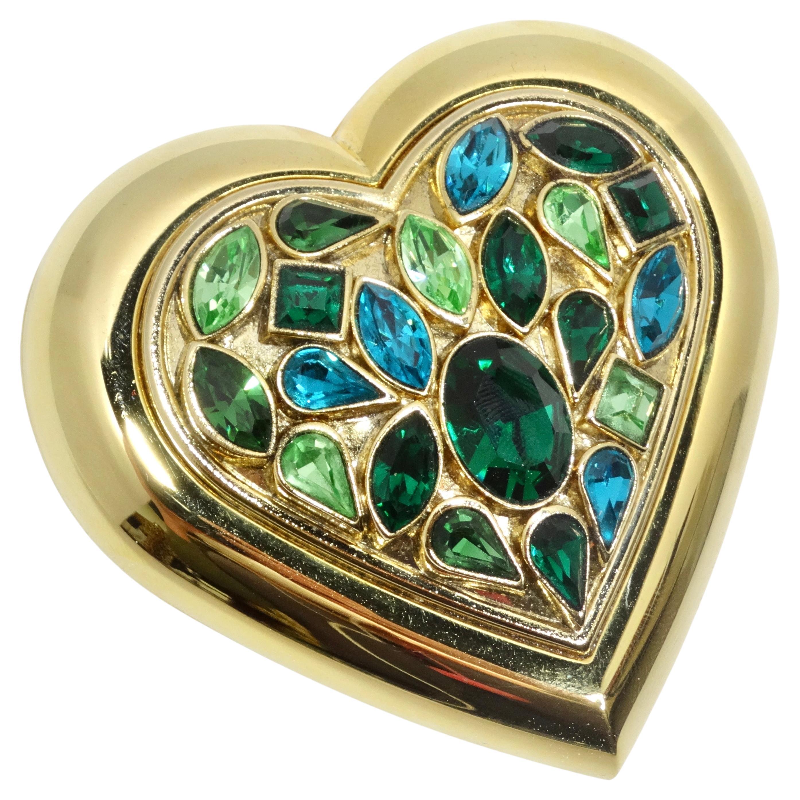Yves Saint Laurent 1980s Gem Encrusted Heart Shaped Compact Mirror For Sale