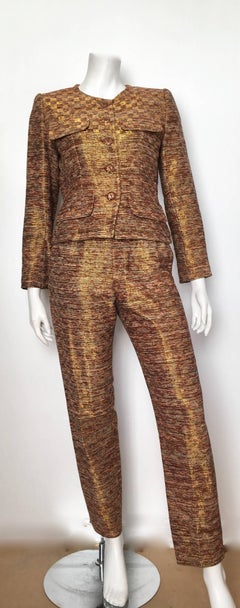 Yves Saint Laurent Rive Gauche 1980s Metallic Silk Jacket & Pant Suit Size 4.