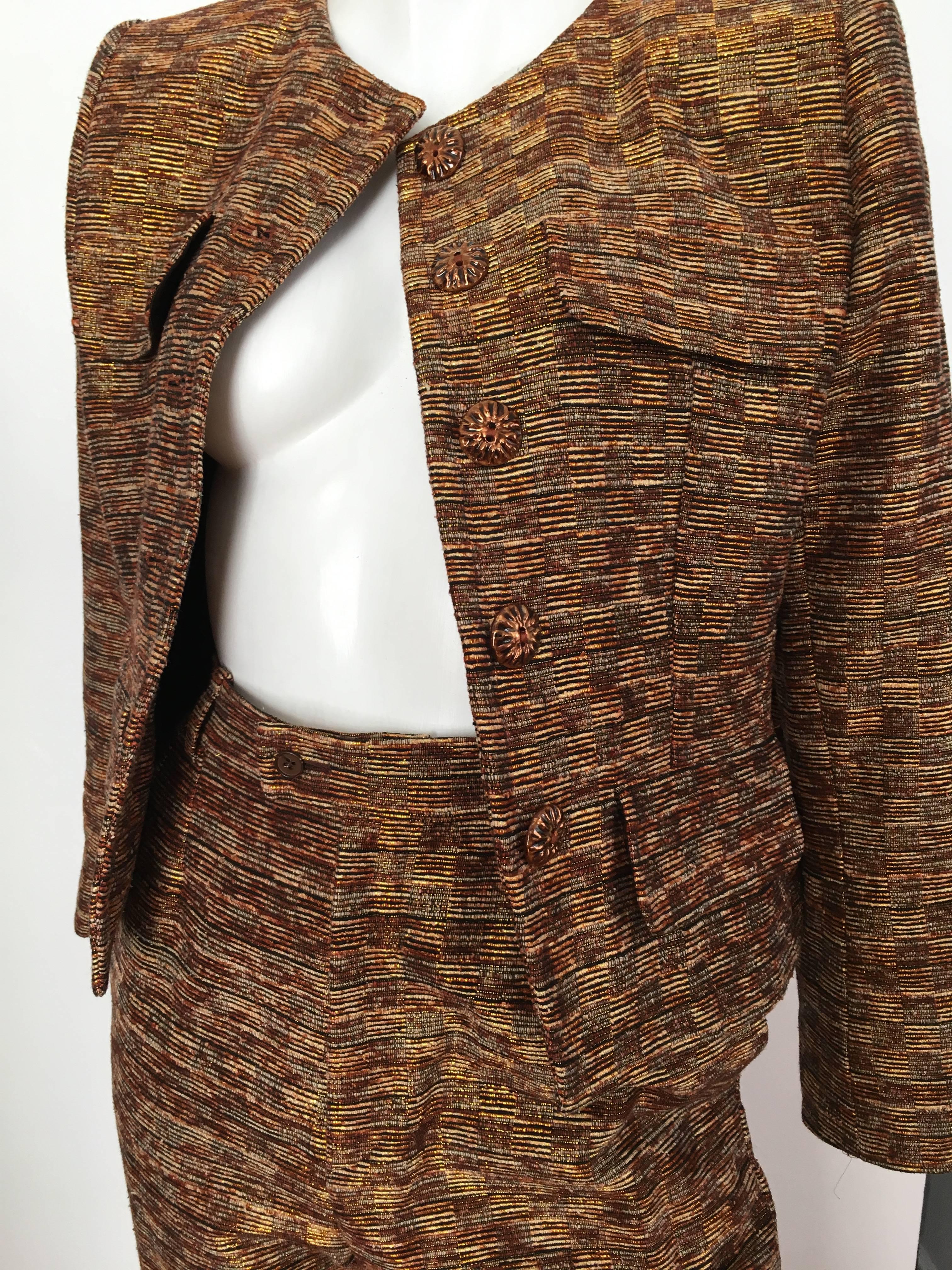 Brown Yves Saint Laurent Rive Gauche 1980s Metallic Silk Jacket & Pant Suit Size 4.  For Sale