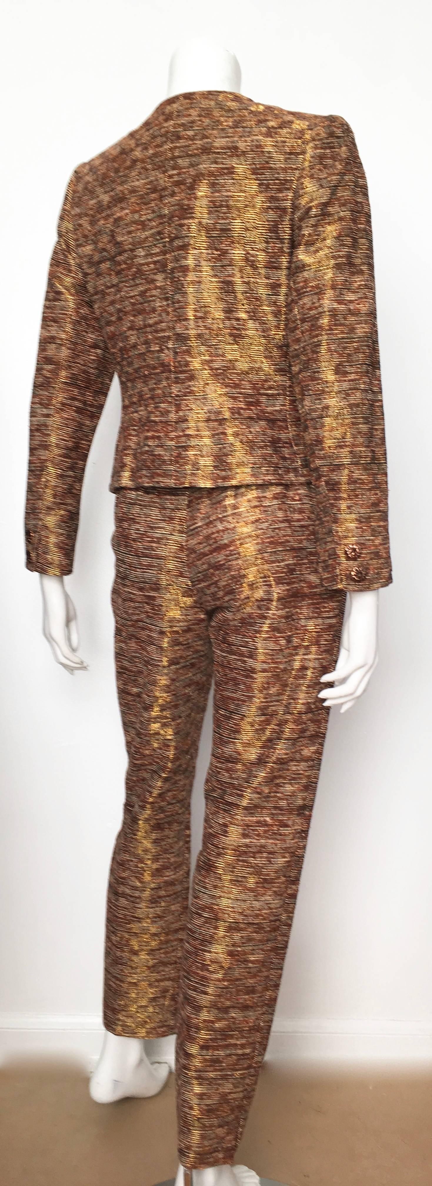 Yves Saint Laurent Rive Gauche 1980s Metallic Silk Jacket & Pant Suit Size 4.  In Excellent Condition For Sale In Atlanta, GA
