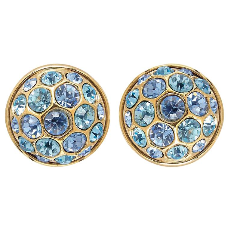 Yves Saint Laurent 1980s Gold Earrings With Blue Crystal Rhinestones 
