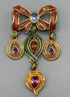 Yves Saint Laurent 1980s Gold, Enamel & Rhinestone Bow Brooch