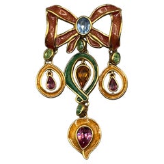 Yves Saint Laurent 1980s Gold, Enamel & Rhinestone Bow Brooch