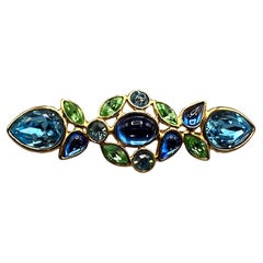 Yves Saint Laurent 1980s Gold, Green & Blue Rhinestone Bar Pin / Brooch
