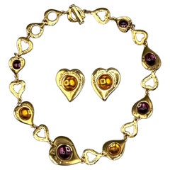 Yves Saint Laurent 1980s Gold Heart Link Necklace and Earrings Set