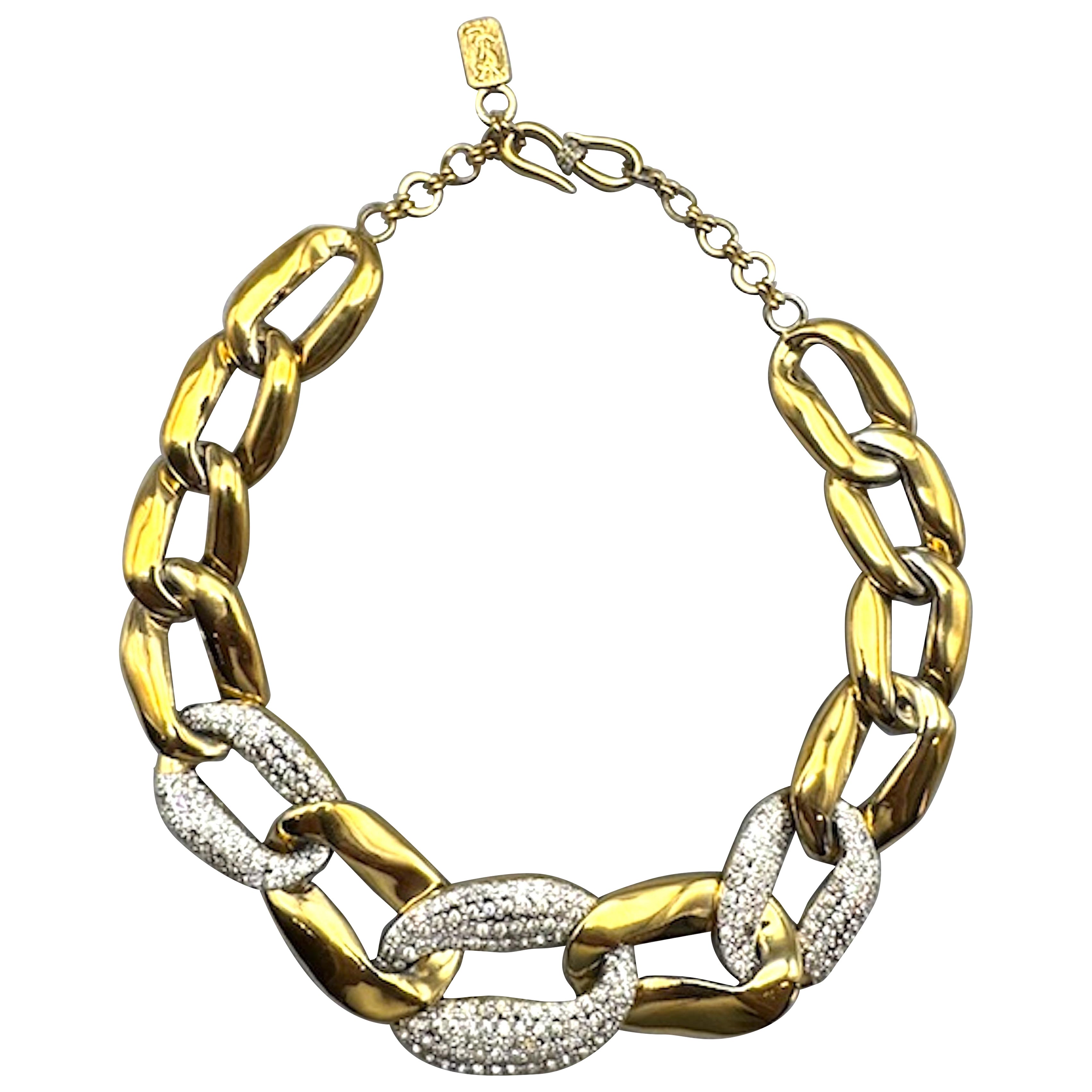 Yves Saint Laurent 1980 - Collier en chaîne à maillons dorés avec strass