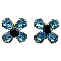 Yves Saint Laurent 1980s Gold, Teal & Navy Blue Rhinestone Flower Earrings