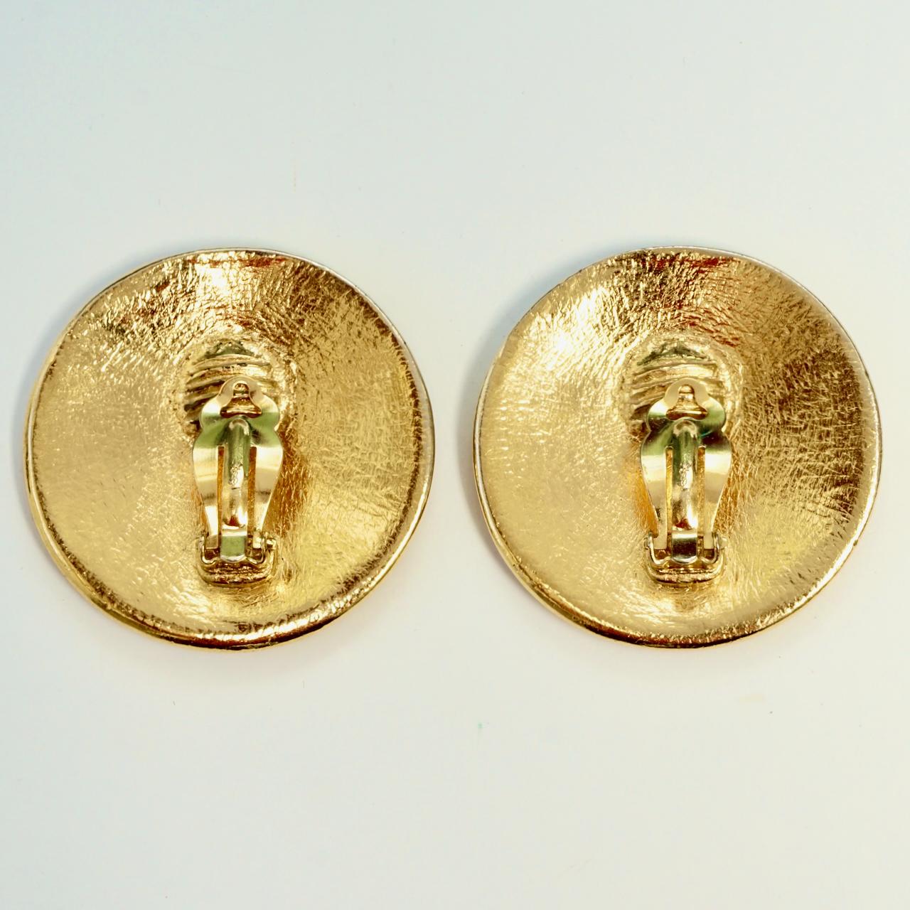 Women's Yves Saint Laurent Gold Tone Round Clip On Statement Earrings circa 1980s For Sale