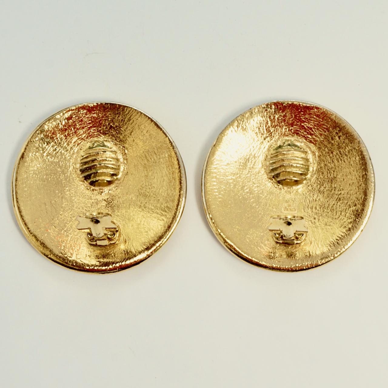 Yves Saint Laurent Gold Tone Round Clip On Statement Earrings circa 1980s For Sale 1