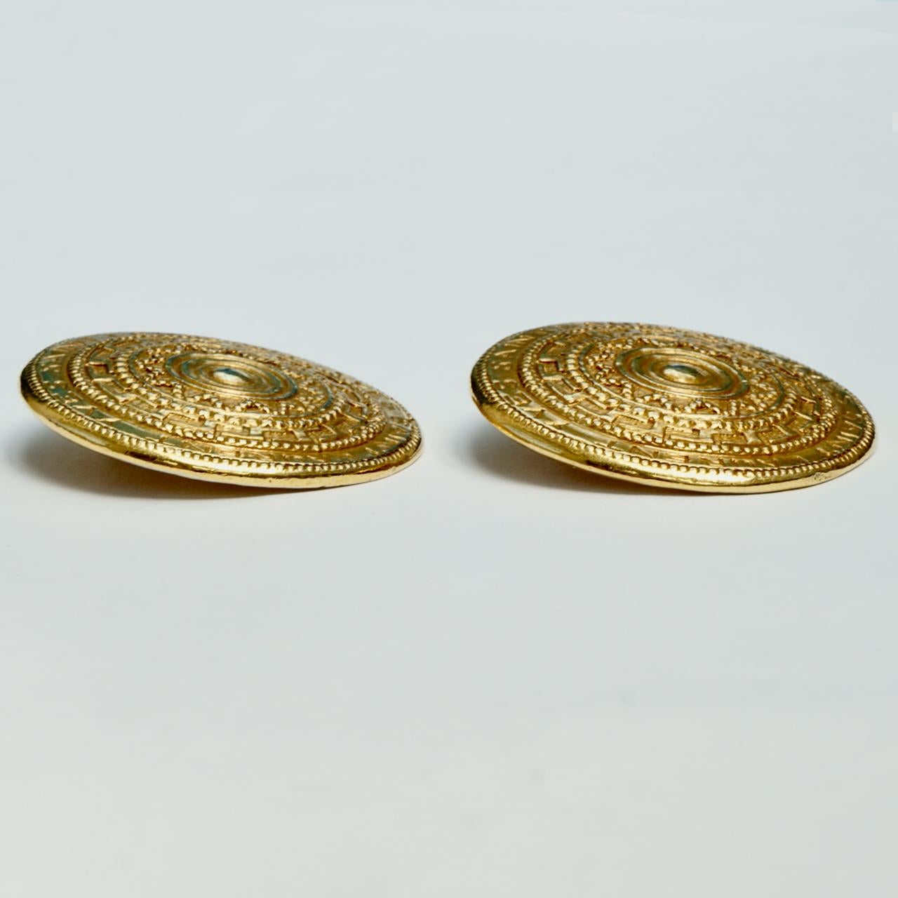 Yves Saint Laurent Gold Tone Round Clip On Statement Earrings circa 1980s In Good Condition For Sale In London, GB