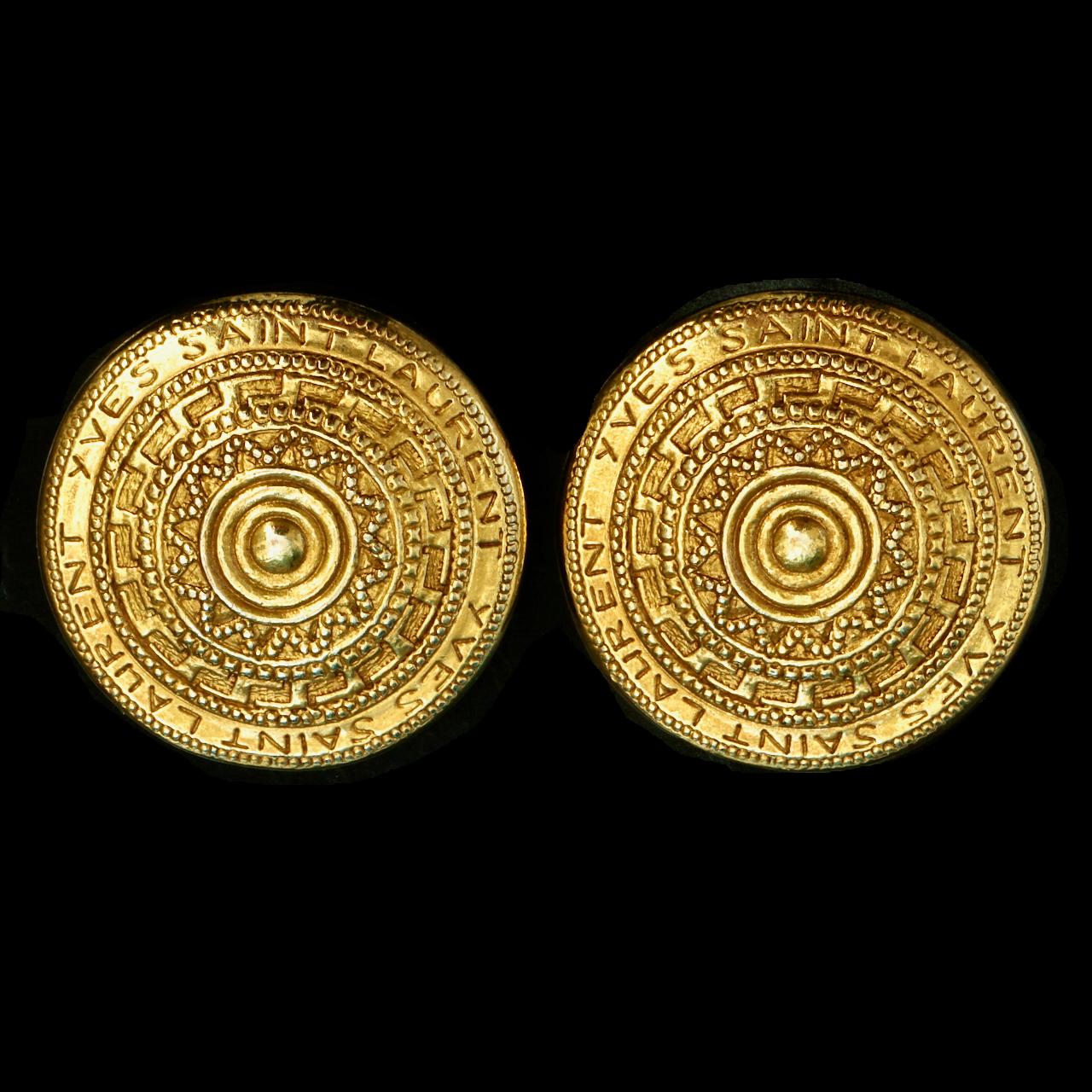 Yves Saint Laurent Gold Tone Round Clip On Statement Earrings circa 1980s For Sale 4