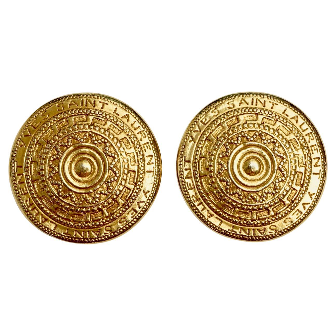 Yves Saint Laurent Gold Tone Round Clip On Statement Earrings circa 1980s For Sale