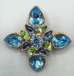 Yves Saint Laurent 1980s Green & Blue Rhinestone Maltese Cross Brooch / Pendant