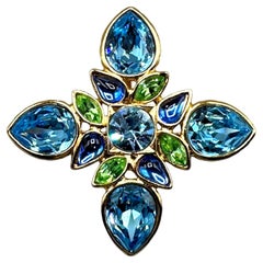 Yves Saint Laurent 1980s Green & Blue Rhinestone Maltese Cross Brooch / Pendant