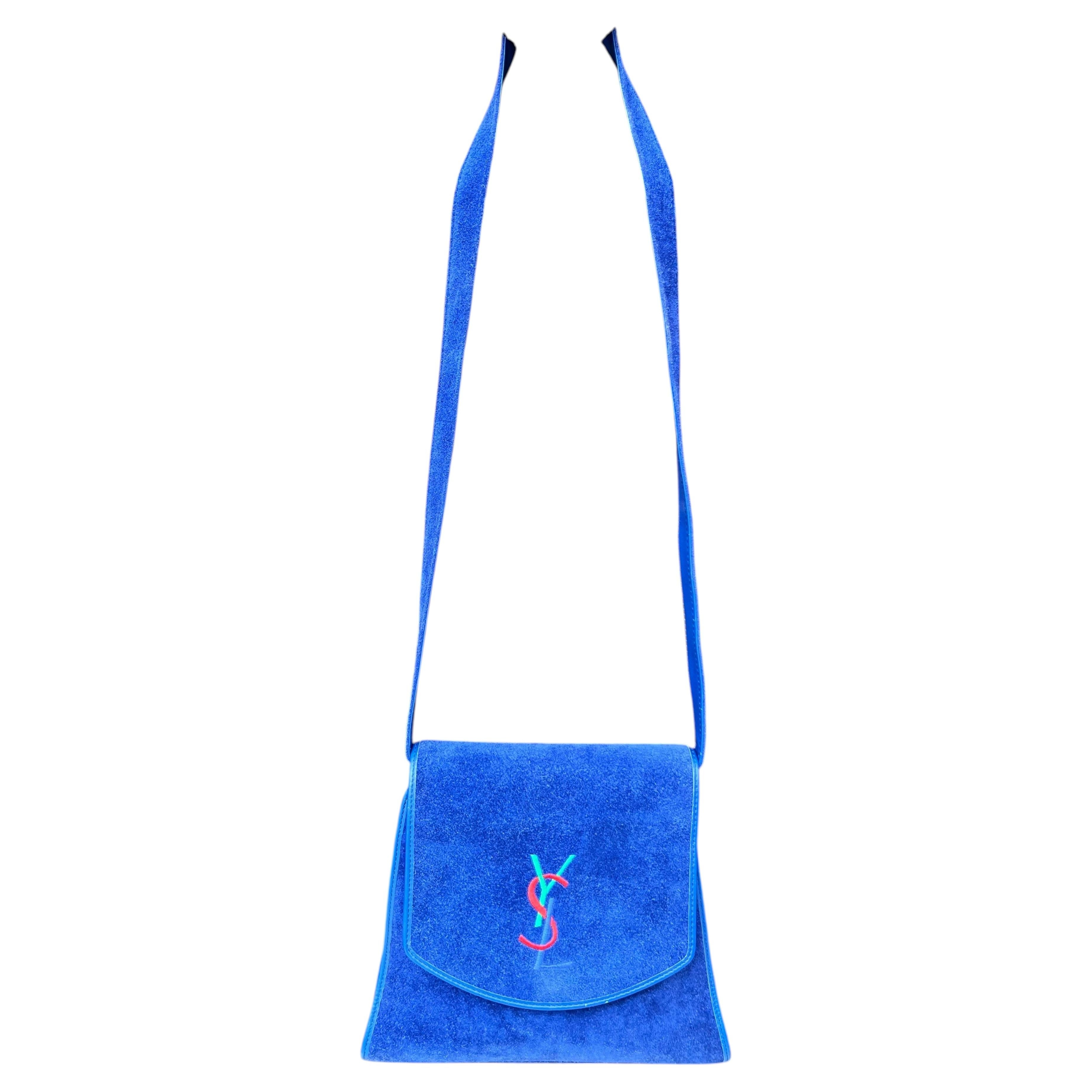 Yves Saint Laurent 1980s Majorelle Blue Suede & Leather Shoulder Bag For Sale