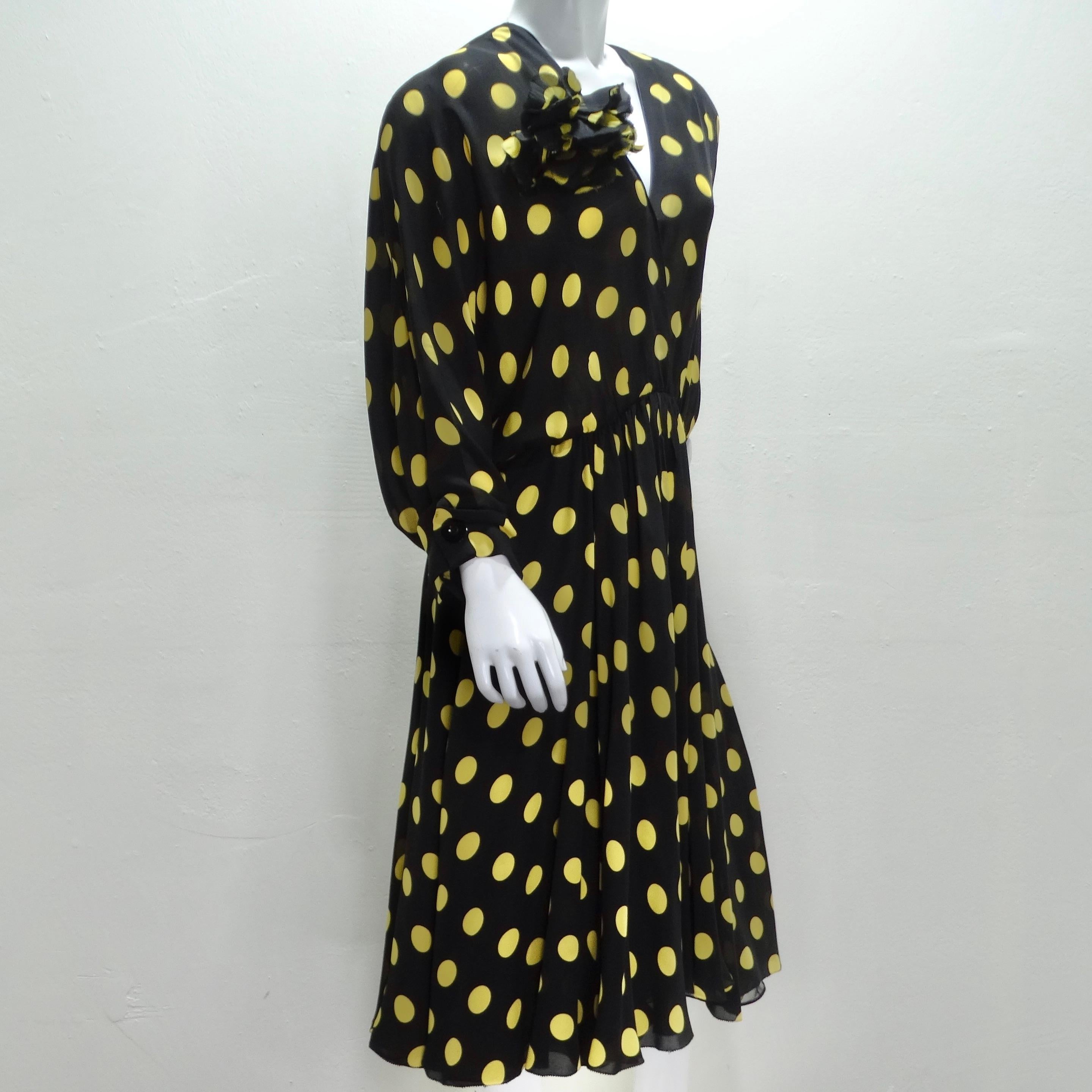 Make a Bold Statement with the Yves Saint Laurent 1980s Polka Dot Dress & Brooch Set! Introducing a striking ensemble from the 1980s, the Yves Saint Laurent Polka Dot Dress & Brooch Set. The black sheer fabric is adorned with large yellow polka