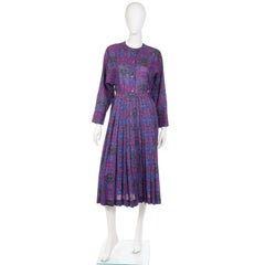 Yves Saint Laurent 1980s Purple Pink Blue Wool Challis 2pc Dress Skirt & Blouse