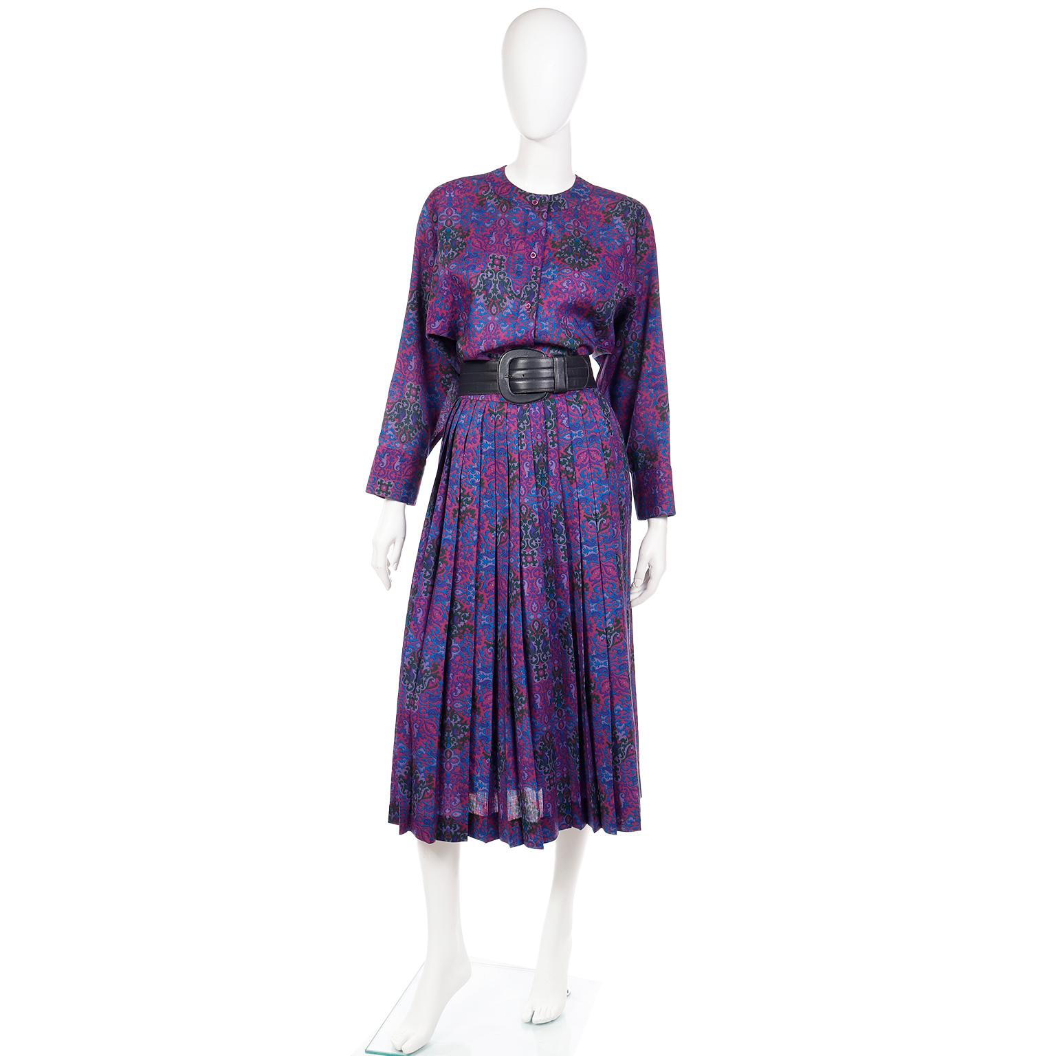 Yves Saint Laurent 1980s Purple Pink Blue Wool Challis 2pc Dress Skirt & Blouse In Excellent Condition For Sale In Portland, OR