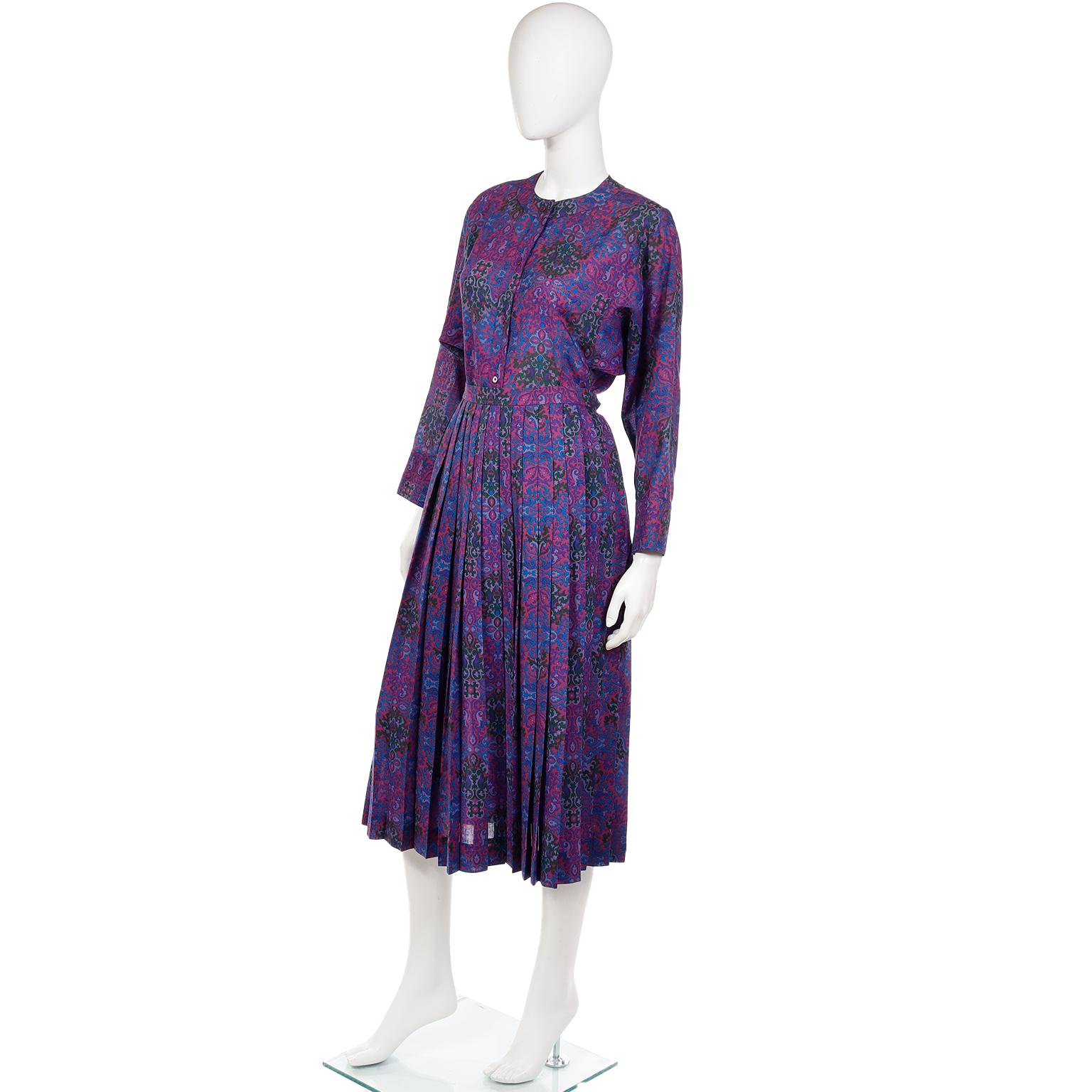 Women's Yves Saint Laurent 1980s Purple Pink Blue Wool Challis 2pc Dress Skirt & Blouse For Sale