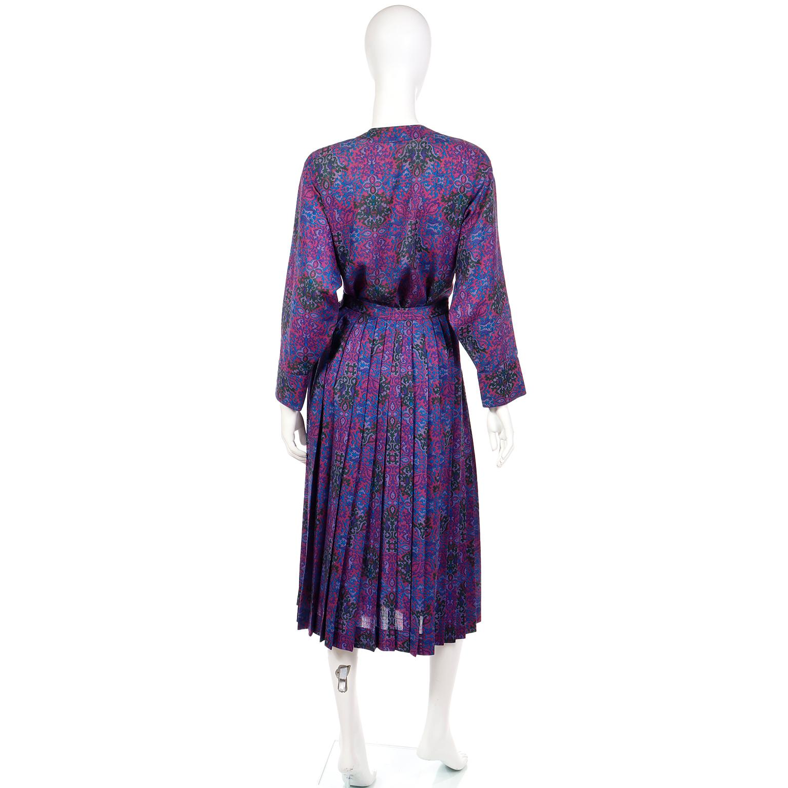 Yves Saint Laurent 1980s Purple Pink Blue Wool Challis 2pc Dress Skirt & Blouse For Sale 1
