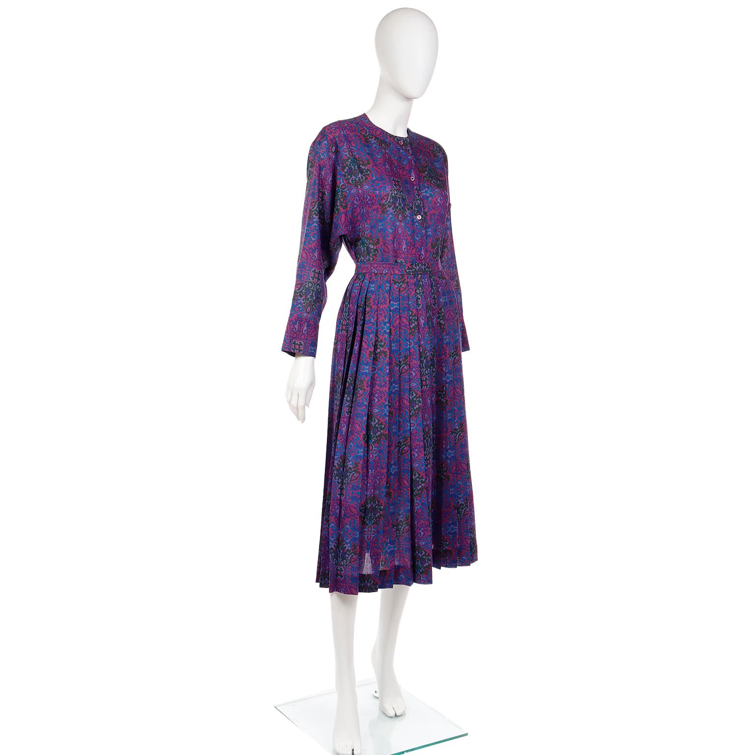 Yves Saint Laurent 1980s Purple Pink Blue Wool Challis 2pc Dress Skirt & Blouse For Sale 2