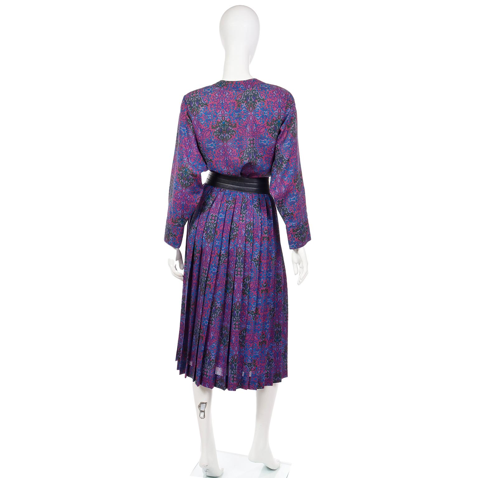 Yves Saint Laurent 1980s Purple Pink Blue Wool Challis 2pc Dress Skirt & Blouse For Sale 3