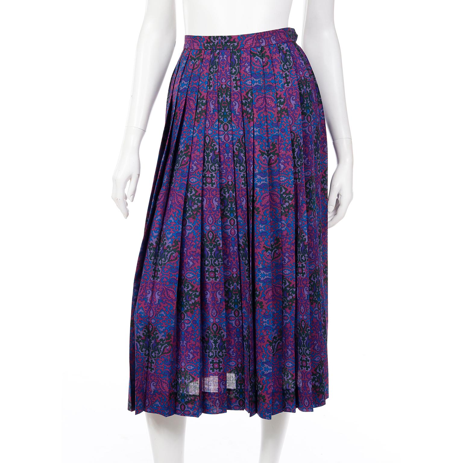 Yves Saint Laurent 1980s Purple Pink Blue Wool Challis 2pc Dress Skirt & Blouse For Sale 4