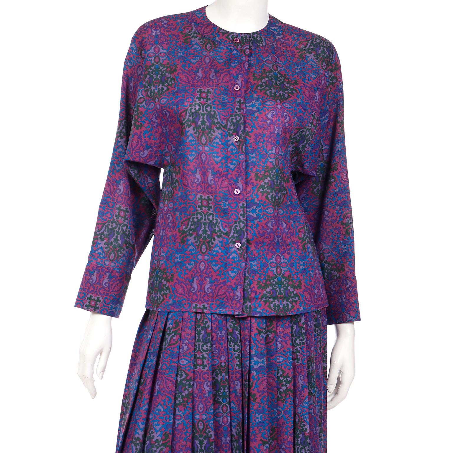 Yves Saint Laurent 1980s Purple Pink Blue Wool Challis 2pc Dress Skirt & Blouse For Sale 5