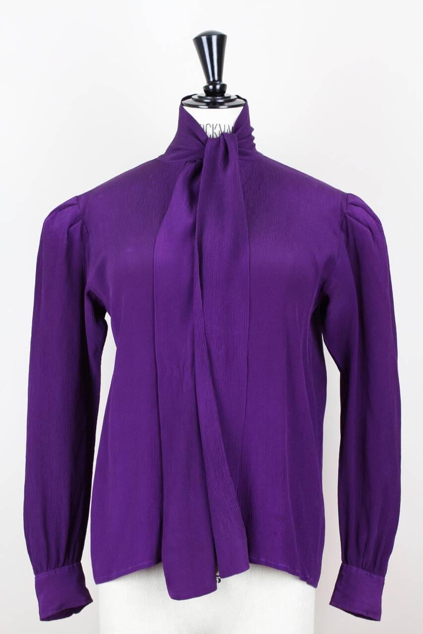 Yves Saint Laurent YSL Purple Silk Bow Tie Blouse Gathered Shoulder, 1980s In Excellent Condition In Munich, DE